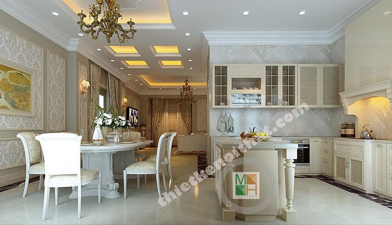 Mẫu bàn ăn cổ điển với màu trắng sẽ làm cho phòng ăn trở nên sang trọng hơn.